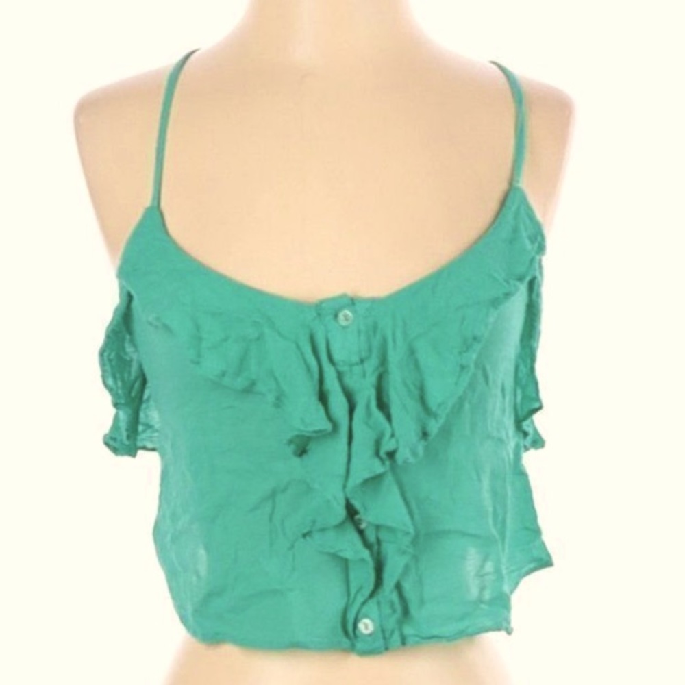 Love Tree Small blue - green Teal ruffled cropped top Ruffled Button Down sexy